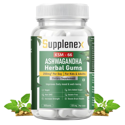 Supplenex Ashwagandha KSM66 Herbal Gum Helps Anxiety & Stress Relief For Men & Women | 30 Gums