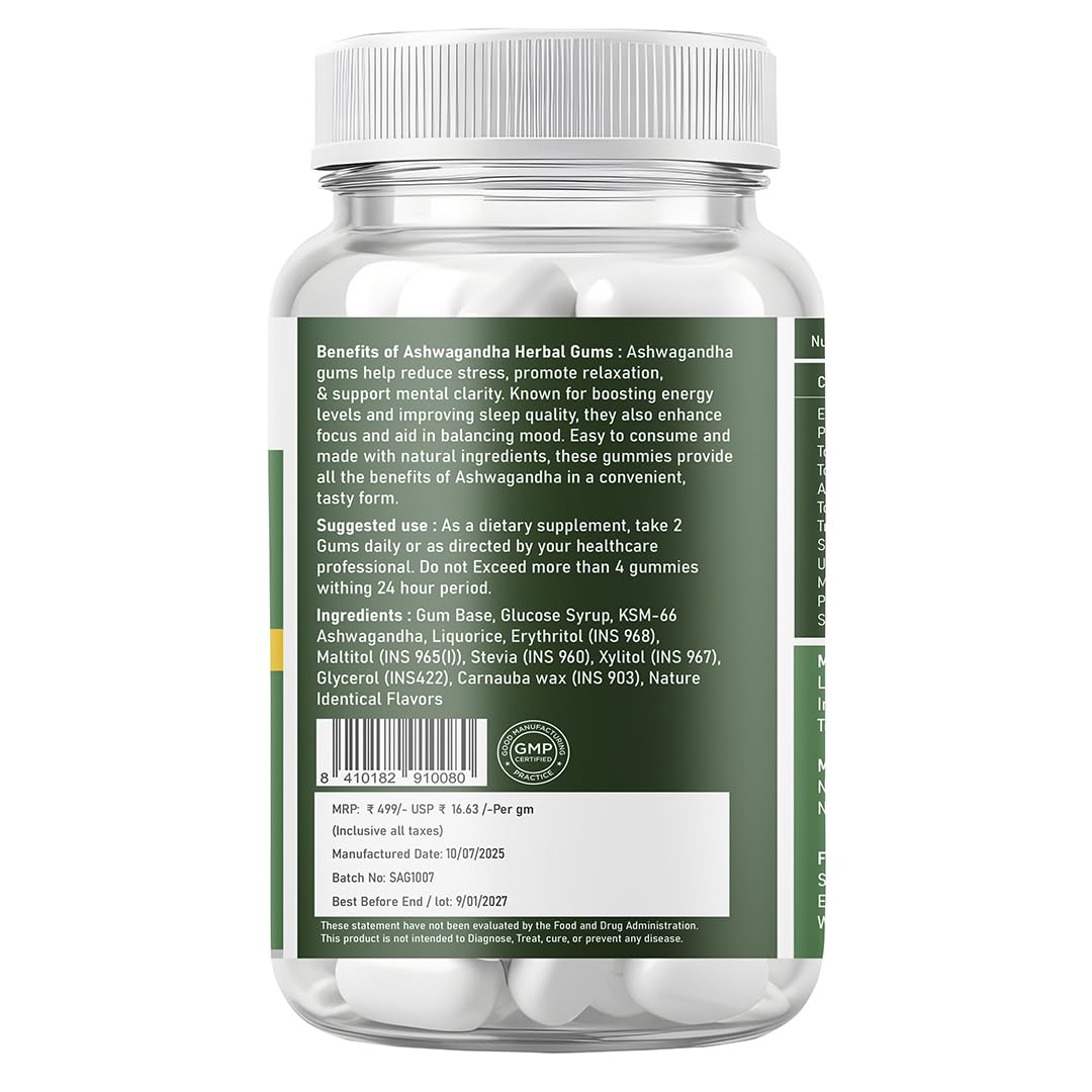 Supplenex Ashwagandha KSM66 Herbal Gum Helps Anxiety & Stress Relief For Men & Women | 30 Gums - Image 3