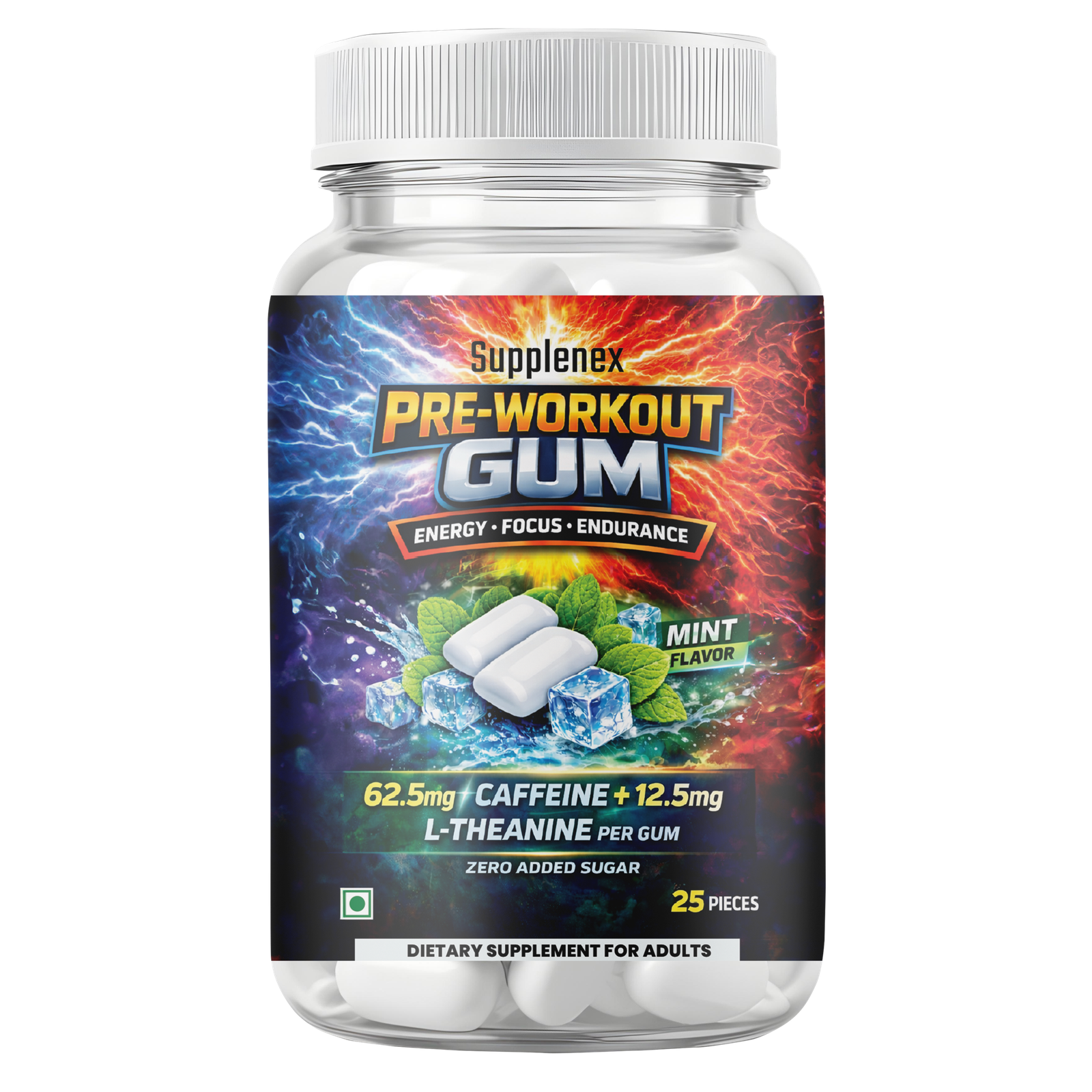 Pre Workout Caffeine and L-Theanine Gum (25 Gums, Mint Flavour) | Pre-workout Supplement Supports to Improve Focus, Strength, Energy and Pump | Natural Caffeine and L-Theanine