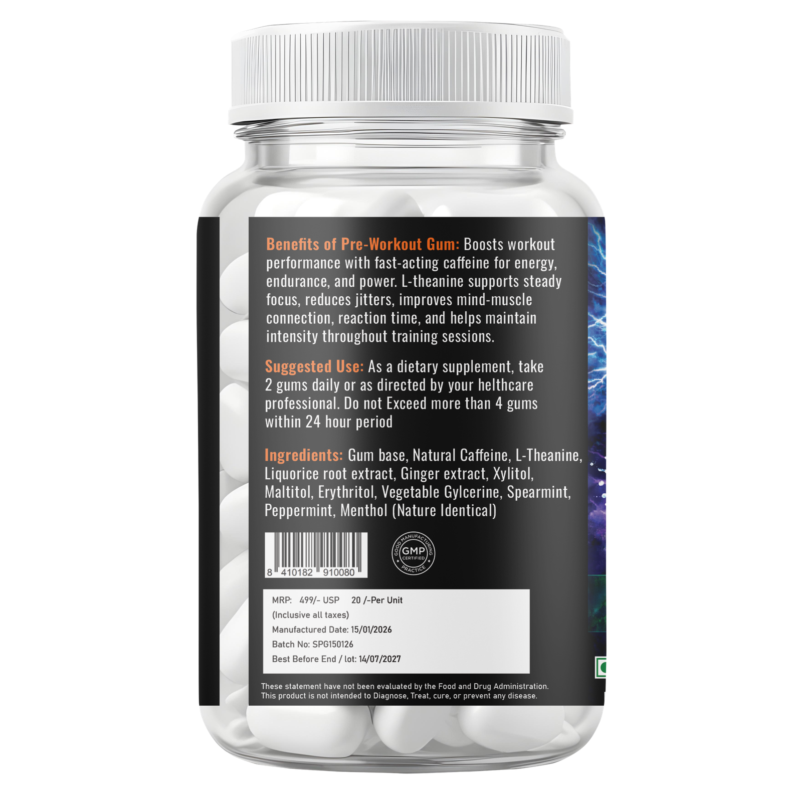 Pre Workout Caffeine and L-Theanine Gum (25 Gums, Mint Flavour) | Pre-workout Supplement Supports to Improve Focus, Strength, Energy and Pump | Natural Caffeine and L-Theanine - Image 6